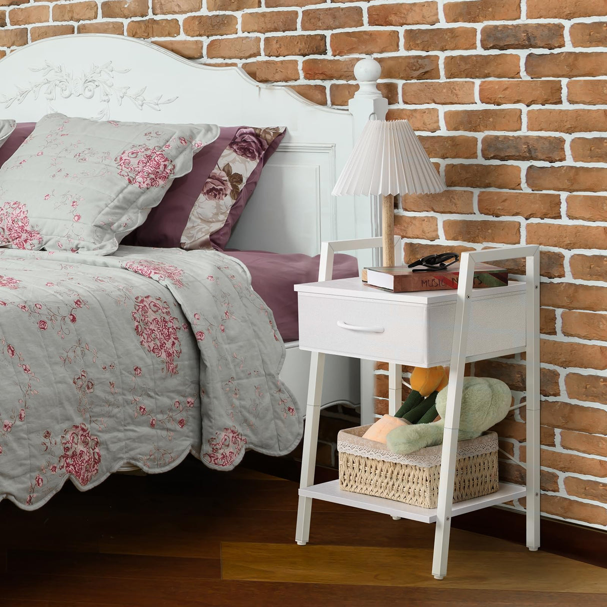 White Night Stand Side Table with Fabric Drawer and Storage Shelf 3-Tier Modern Bedside End