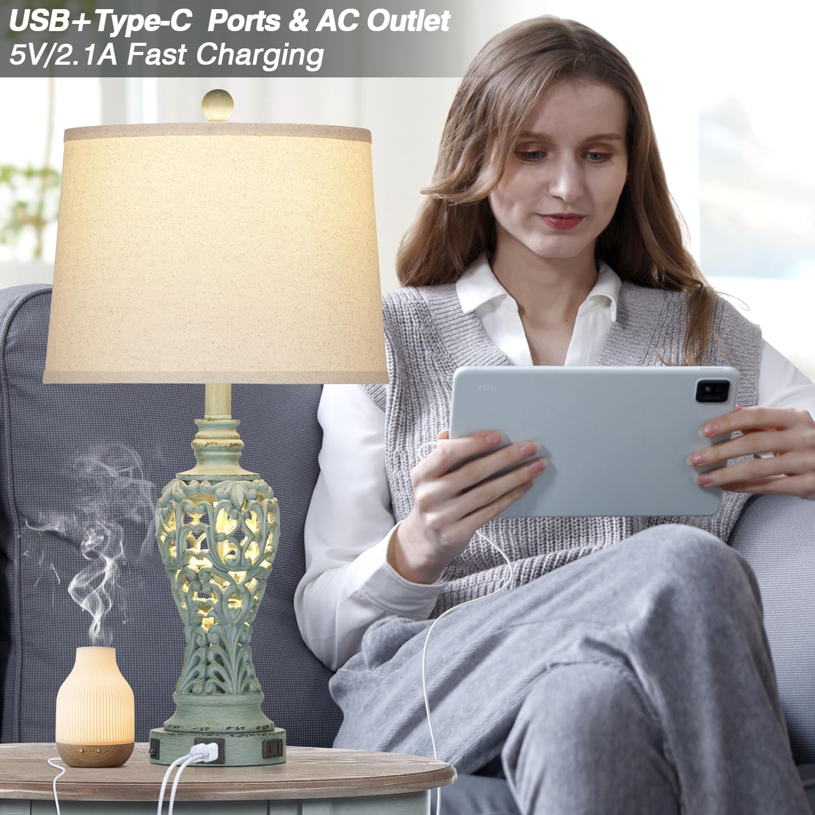 Rinweey Farmhouse Table Lamps Set of 2 with Nightlight, Coastal Bedside Lamps with USB A+C Ports & AC Outlet, Blue Vintage Nightstand Lamps for Bedroom Living Room