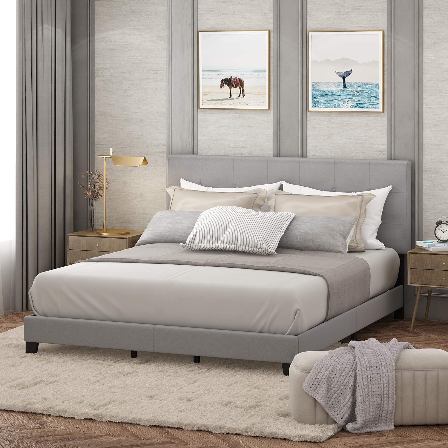 Maykoosh Contemporary Cool Button Tufted Bed Frame in Linen with 12 Piece Slat Style, King Size for A Stylish and Comfortable Bedroom Retreat
