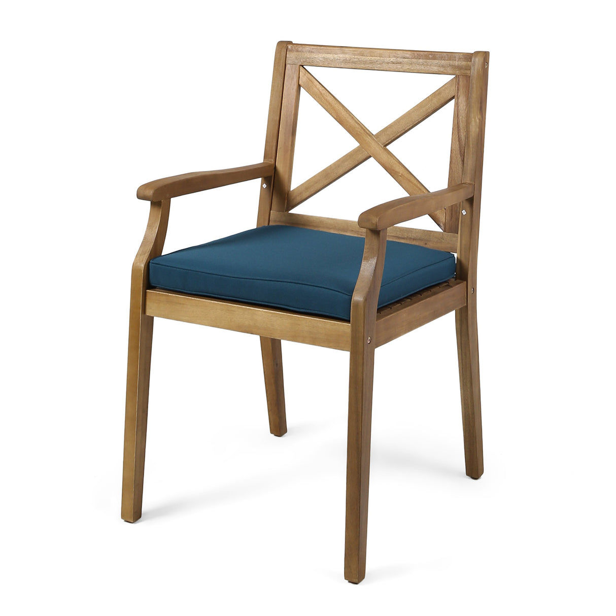 Outdoor Acacia Wood Dining Chair Set of 2, Teak/Blue Cushion