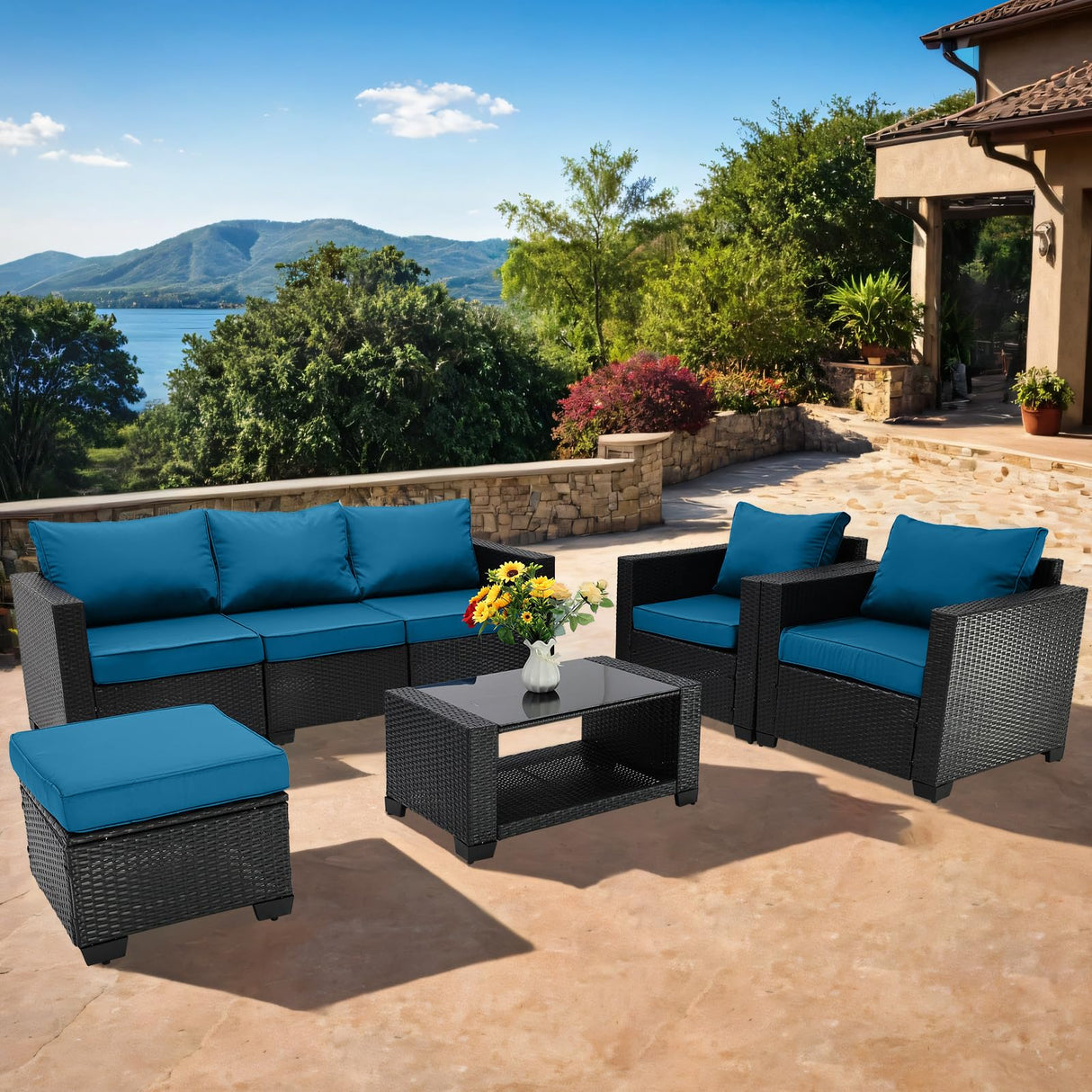 7 Piece Patio Furniture Set Wicker Outdoor Conversation Set All Weather Sectional Patio