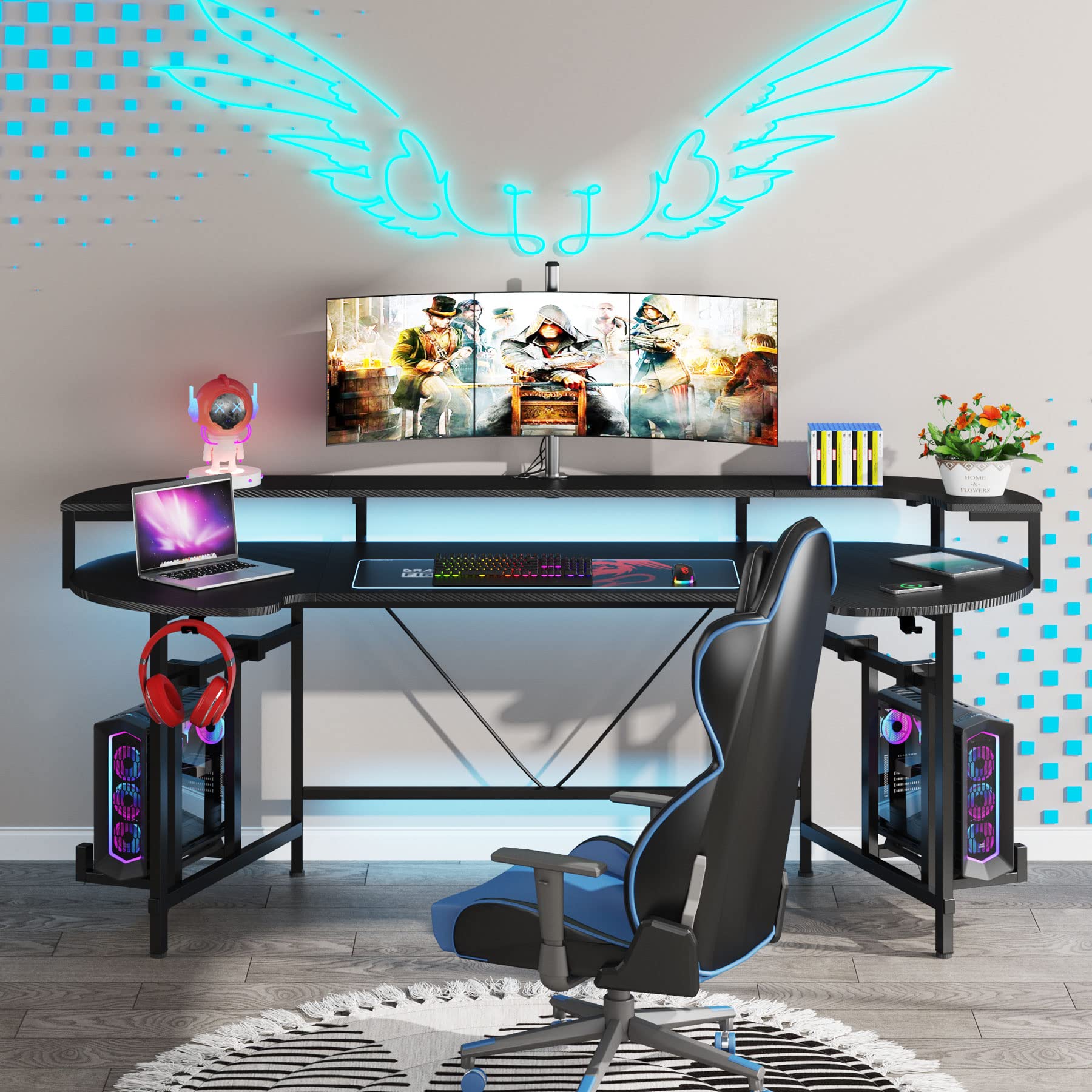 75 Inch Gaming Desk with Monitor Shelf, Large PC Computer Desk with LED Lights