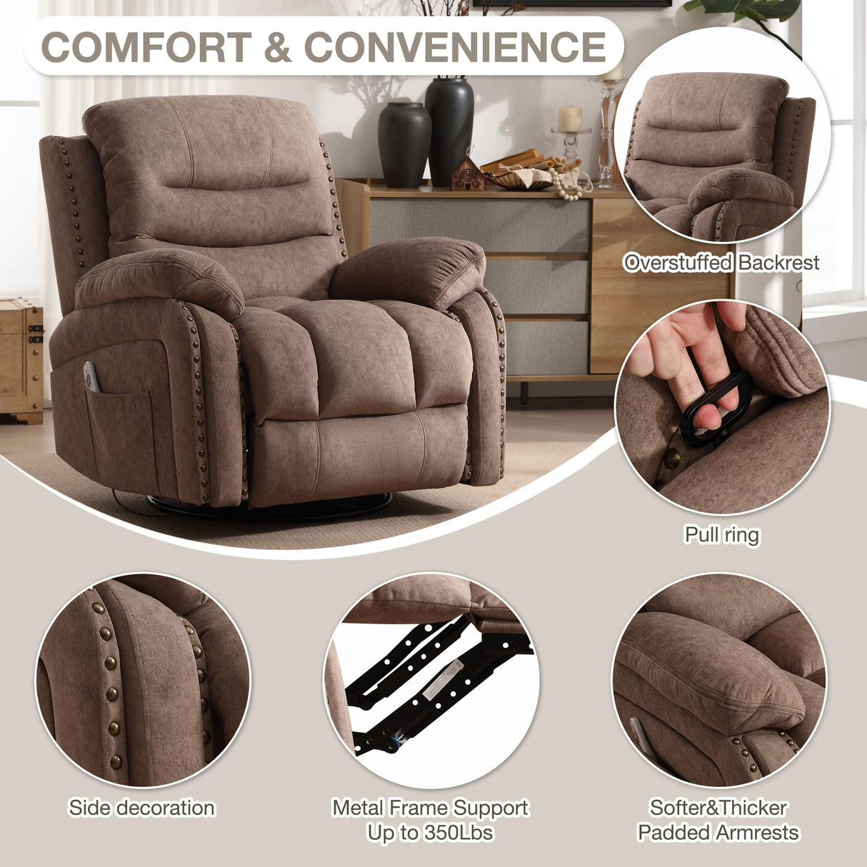 ErgoGlide 360° Swivel Recliner Chair with Heat & Massage – Vibration Zones, Side Pockets