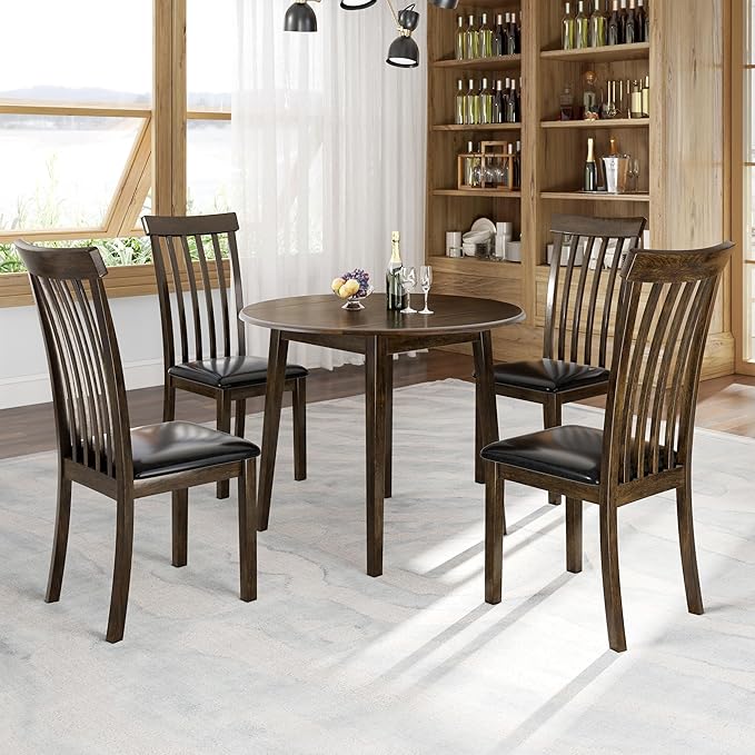 7-Piece Mid-Century Solid Wood Dining Table Set, Round Dining Table with Butterfly Leaf a