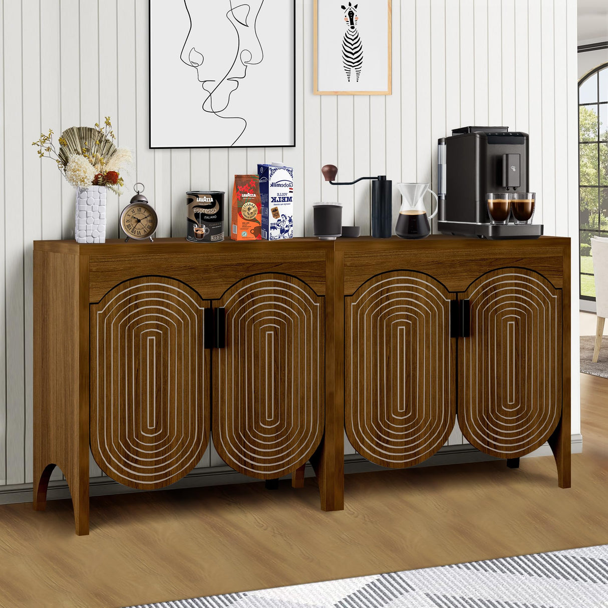 Fluted Buffet Cabinet with Storage, Sideboard Buffet Cabinet with Curved Door