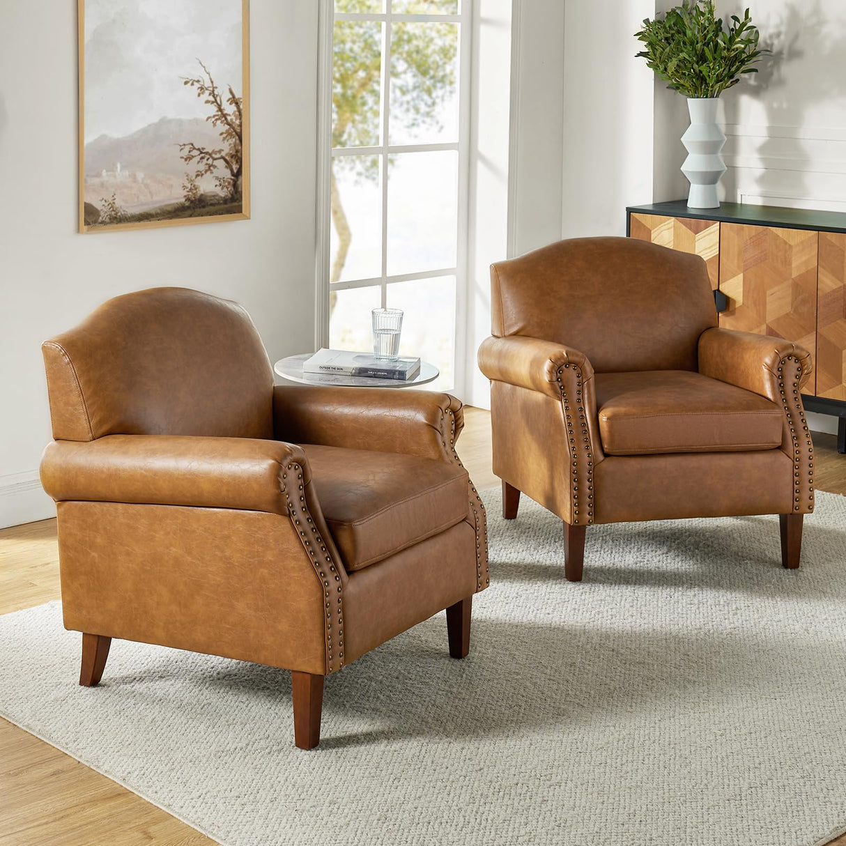 Set of 2 Faux Leather Accent Chair with Retro Wood Legs, Comfy Upholstered Armchair
