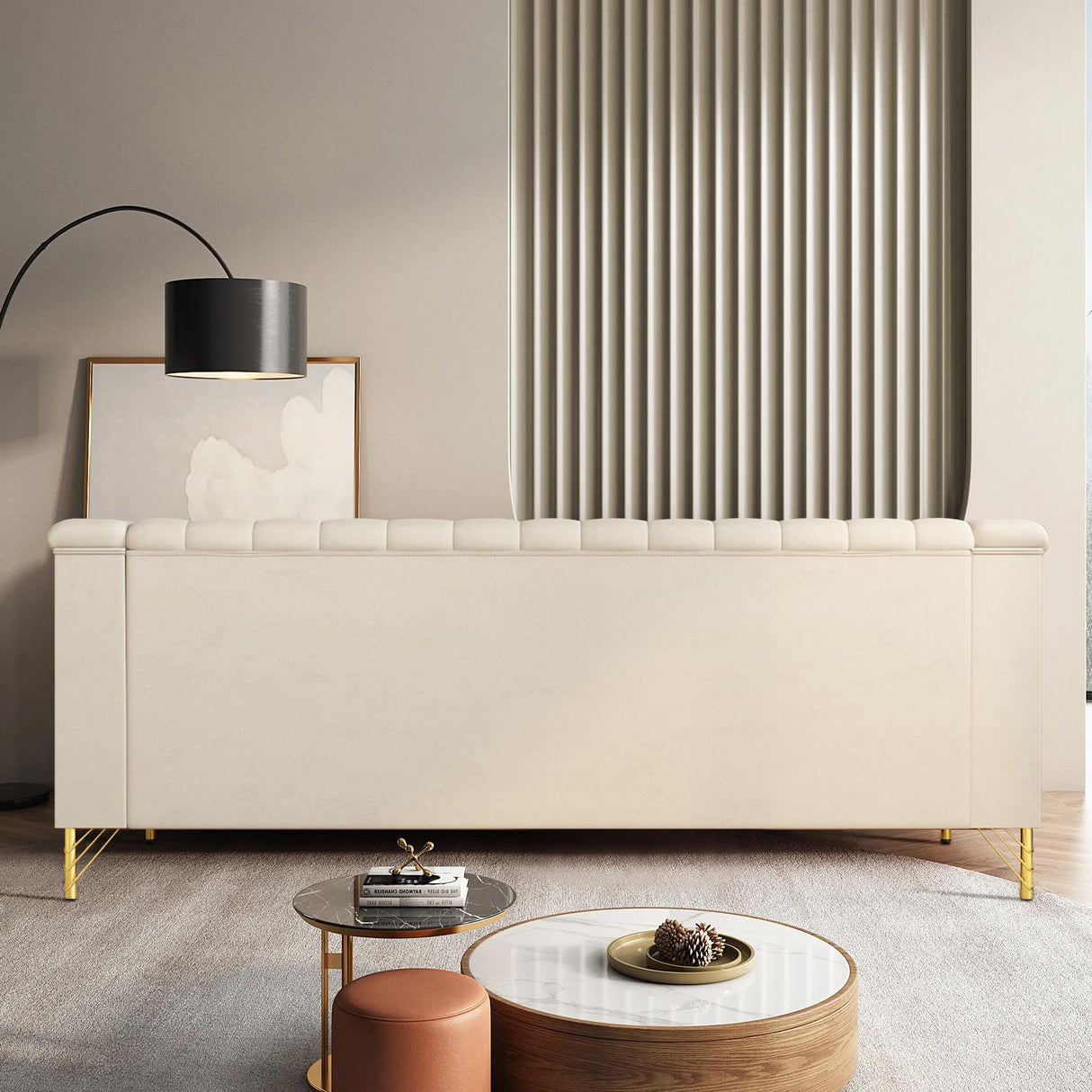 WeaArco 83 Inches 3 Seater Couch,Modern Velvet Sofa Couch with Gold Metal Legs,Mid-Century Modern Couch High Arm for Living Room,Bedroom,Office (Beige)