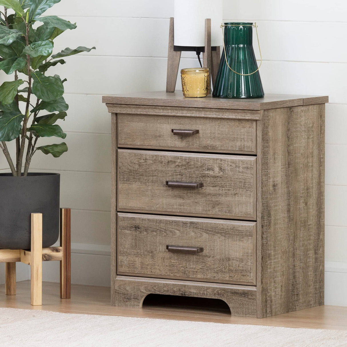 Versa Nightstand with 2 Drawers and Charging Station, Weathered Oak