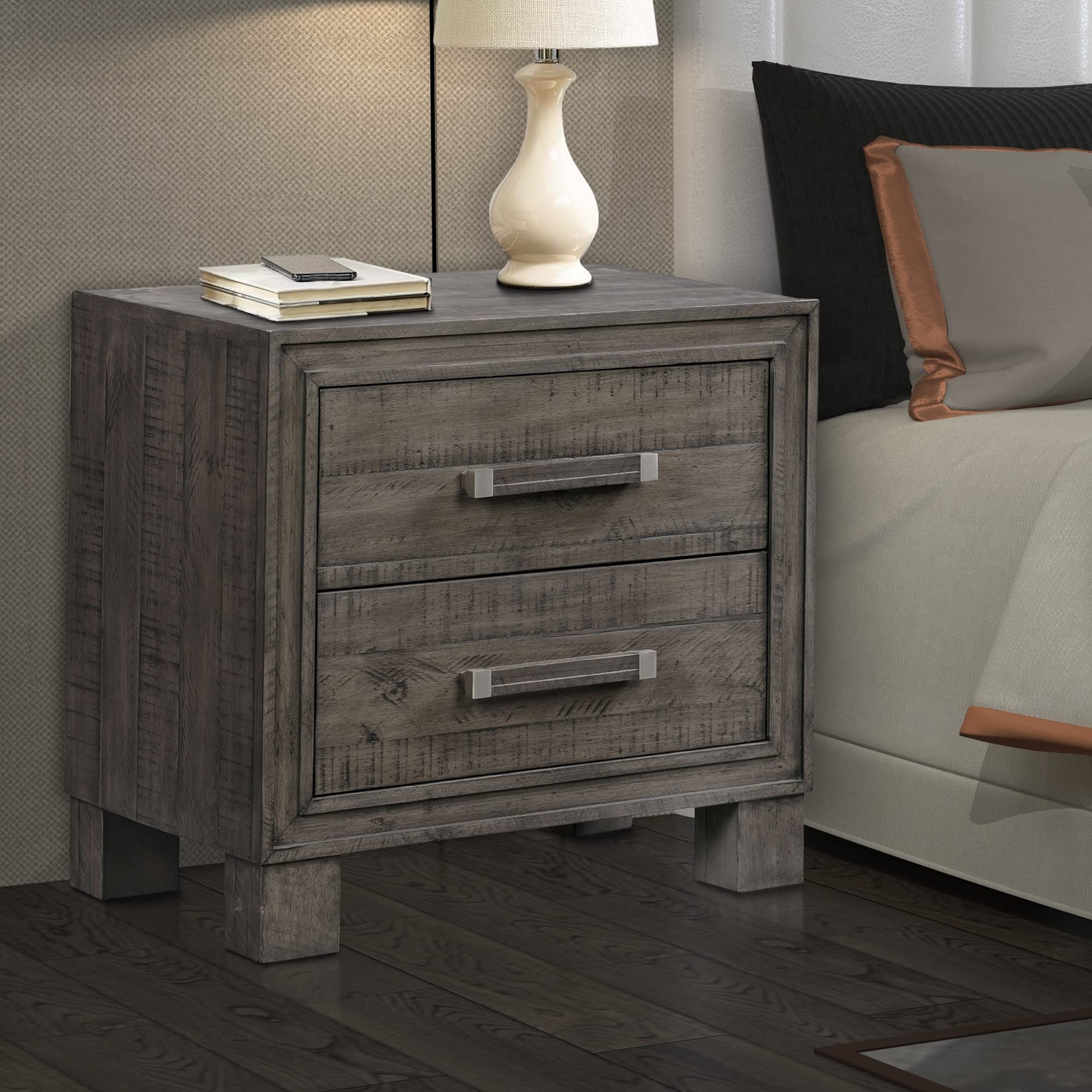 27 Inch Wil Pine Wood 2 Drawer Nightstand, Rustic, Rough Hewn, Gray