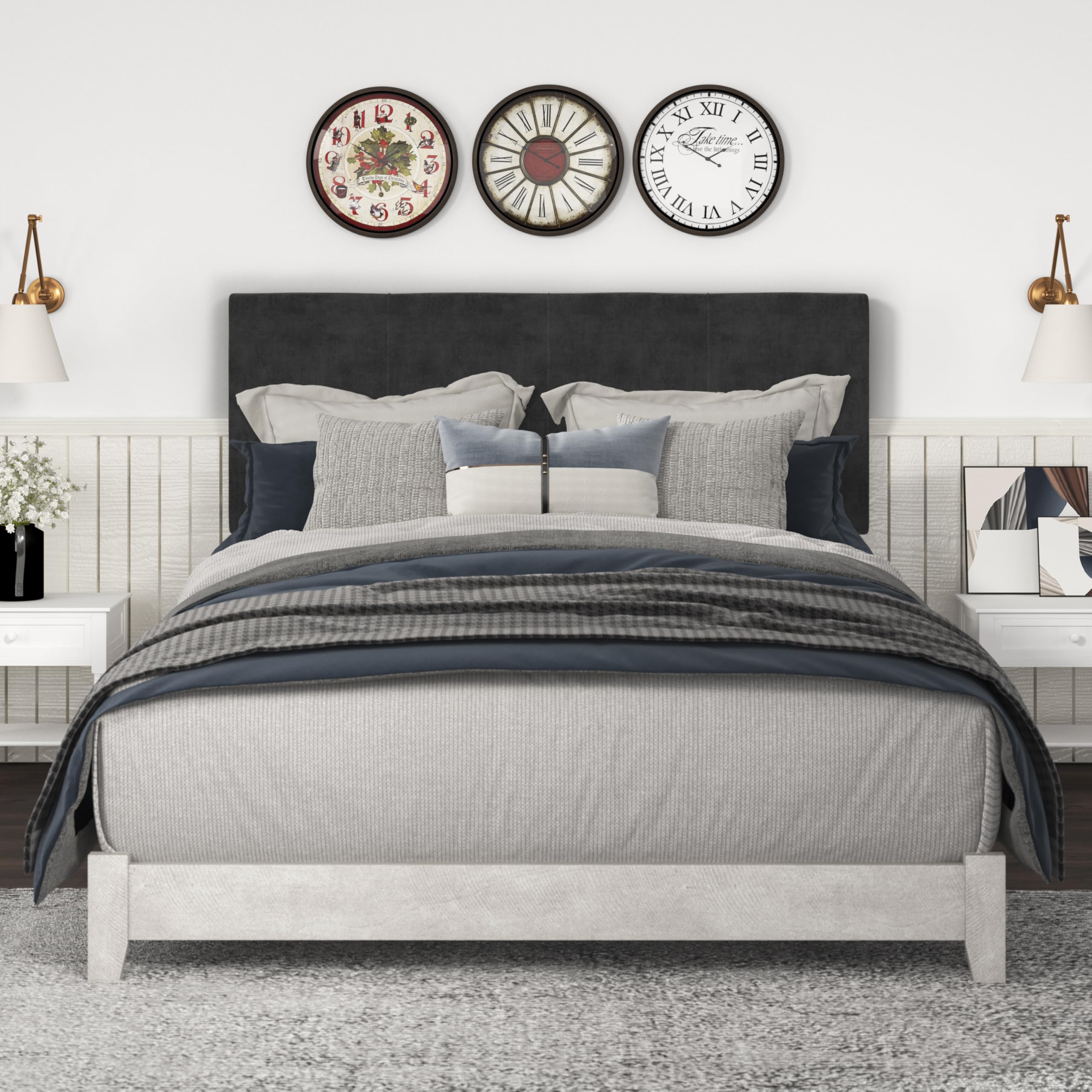 Wood Queen Bed Frame with Velvet Headboard, Wood Slat Support