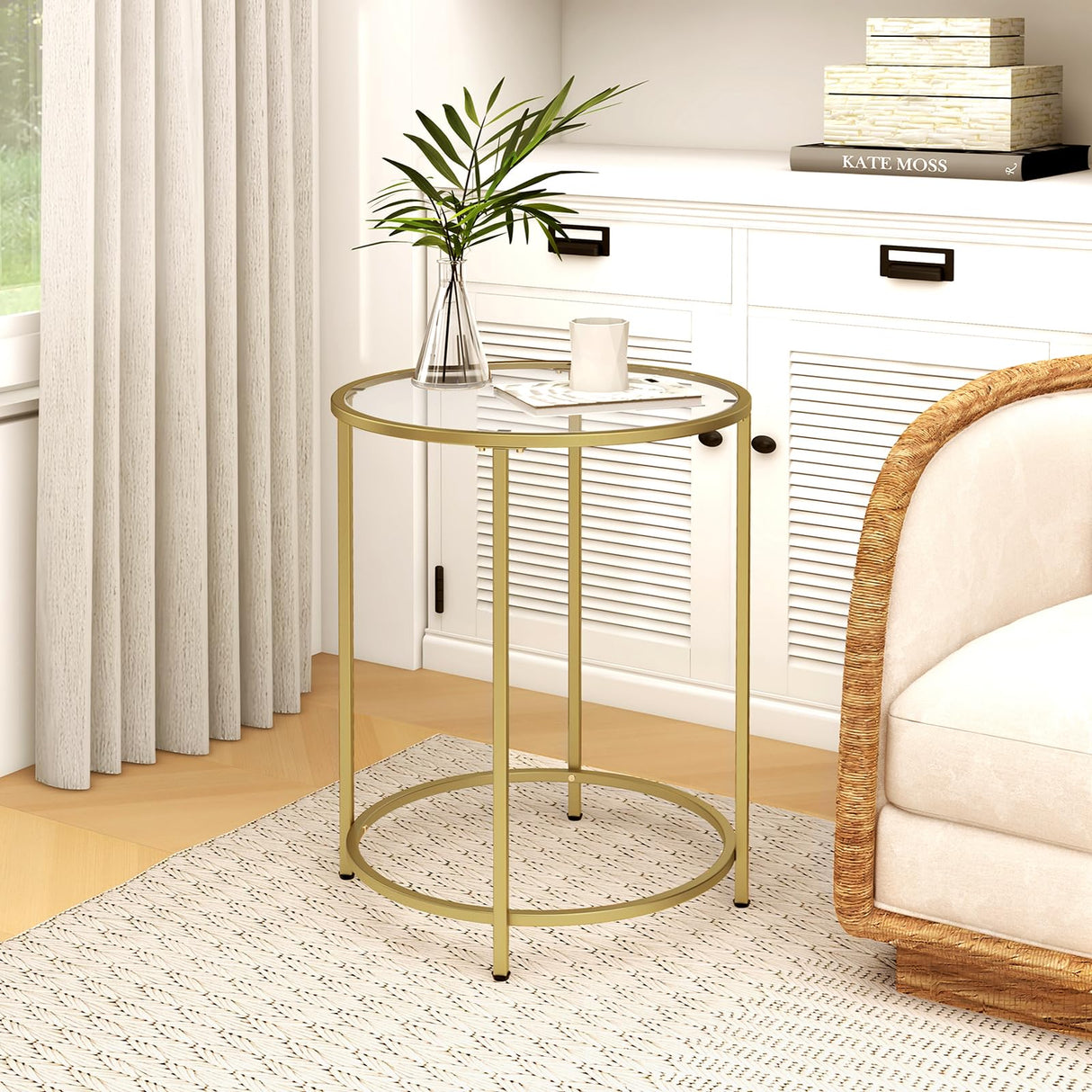 19.7’’ Round Glass End Table, Round Bedside Table with Tempered Glass Top