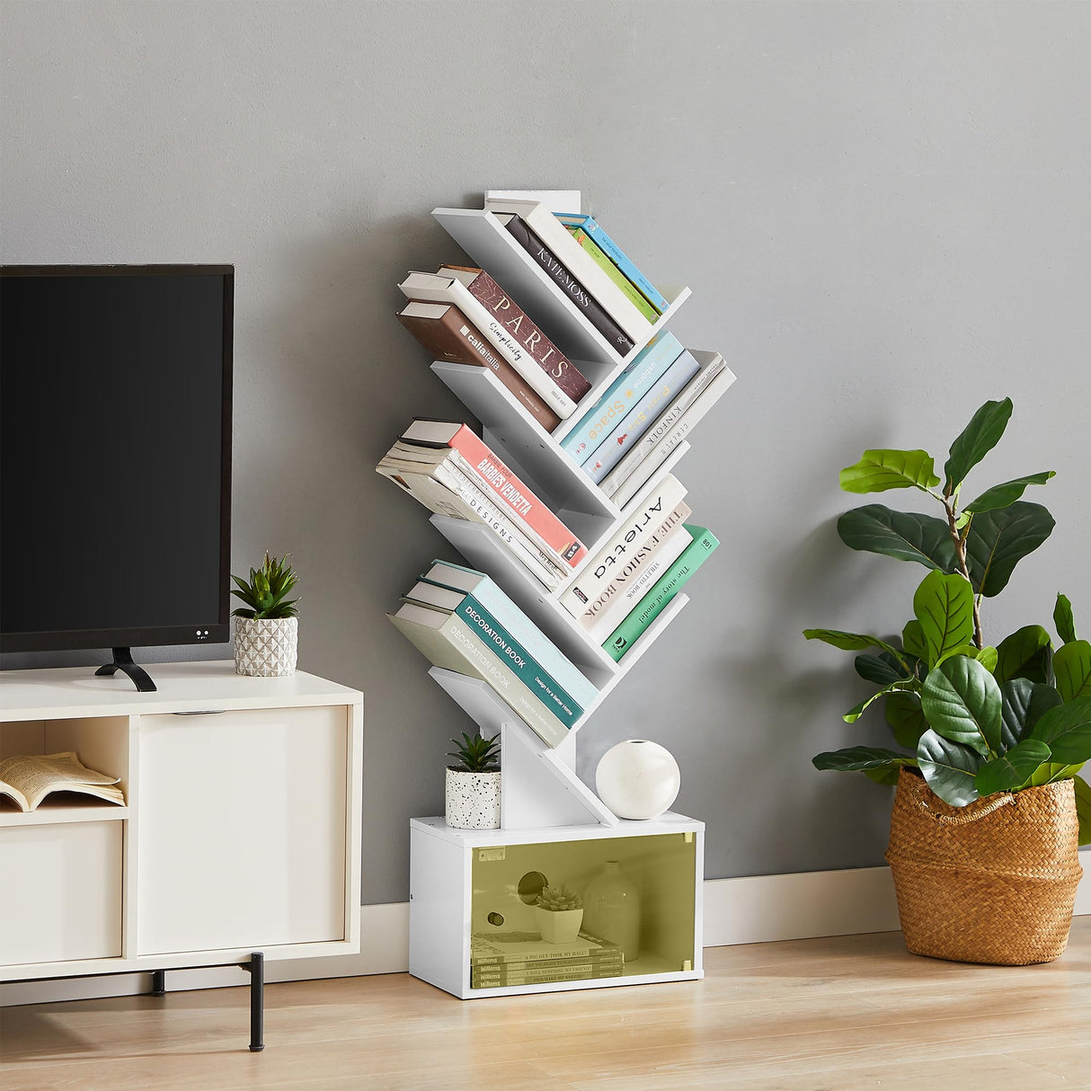 7-Tier Tree Bookshelf with Drawer, Wooden Tree-Shaped Book Display Shelves for CDs/Magazines/Books, FreeStanding Geometric Bookcase Organizers for Home Office, Ivory White