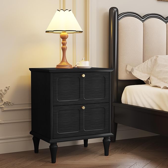 Mid-Century Modern Nightstand with Storage Drawers and Solid Wood Legs, Wood End