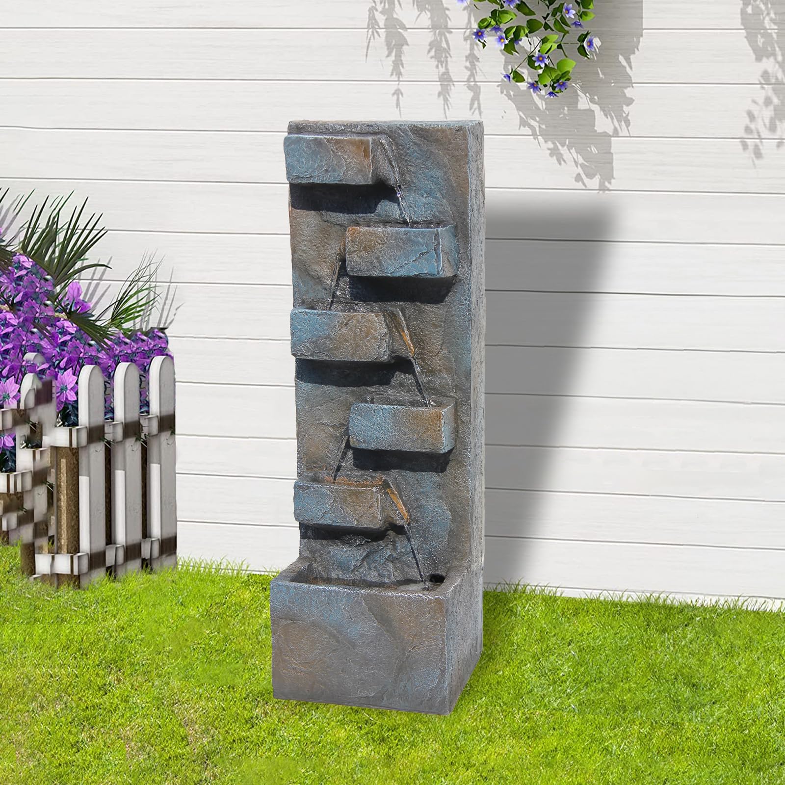 37.4''H Outdoor Indoor Garden Water Fountain 5 Tiers Cascading Rock Natural Waterfall