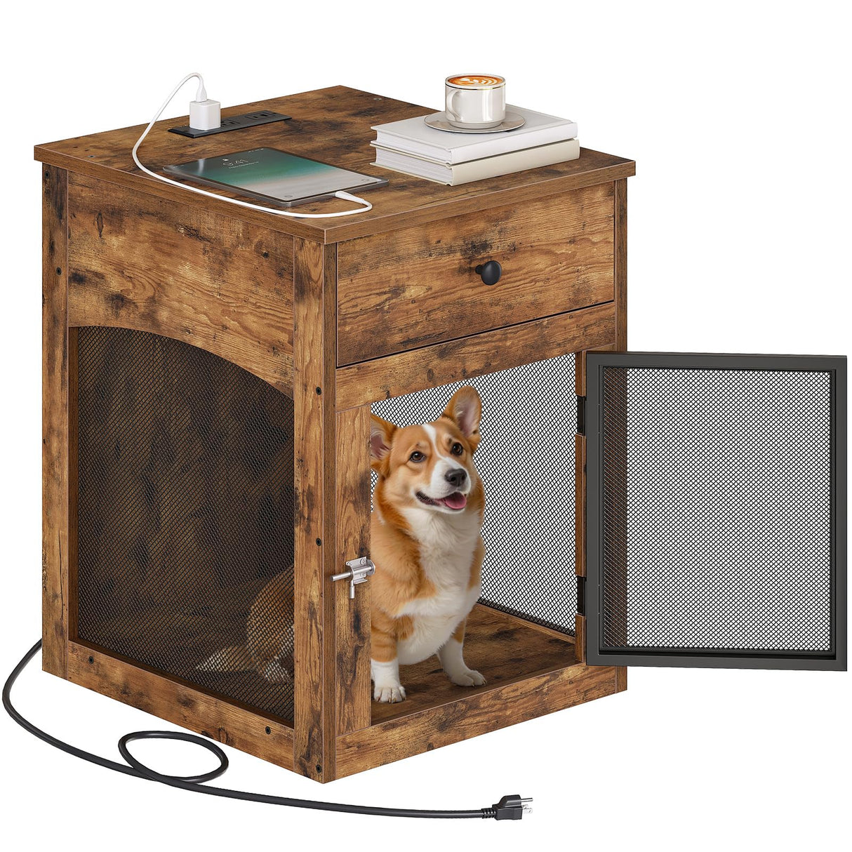 Dog Crate Furniture with Charging Station and Drawer
