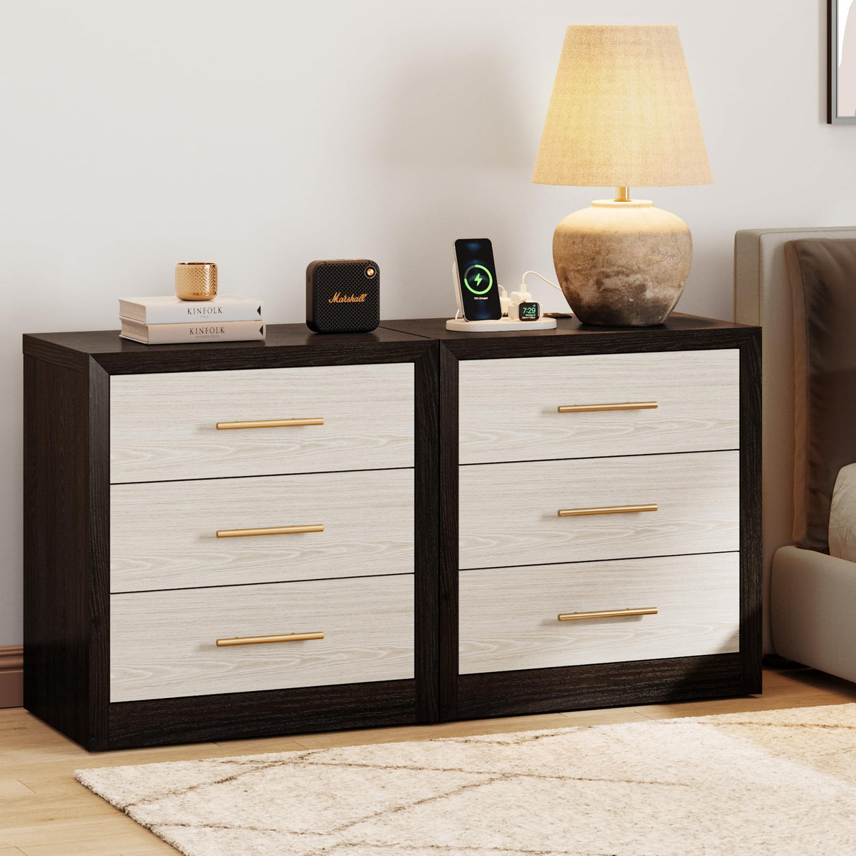 Wide Large Nightstands Set of 2, Black Night Stand