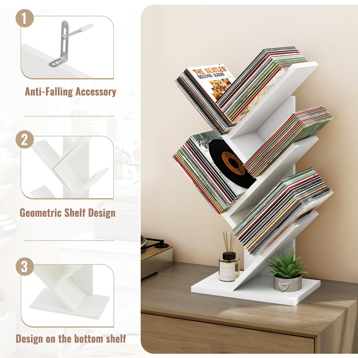 Hoctieon 4 Tier Tree Bookshelf, Small Bookcase, Free Standing Tree Bookcase, Bookshelf for Bedroom, Book Shelf Organizer, Small Bookshelf, White
