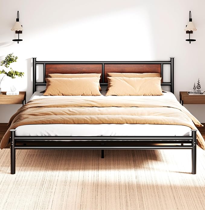 Queen Size Bed Frame with Wooden Headboard, Heavy Duty Platform Bed with 12 inches