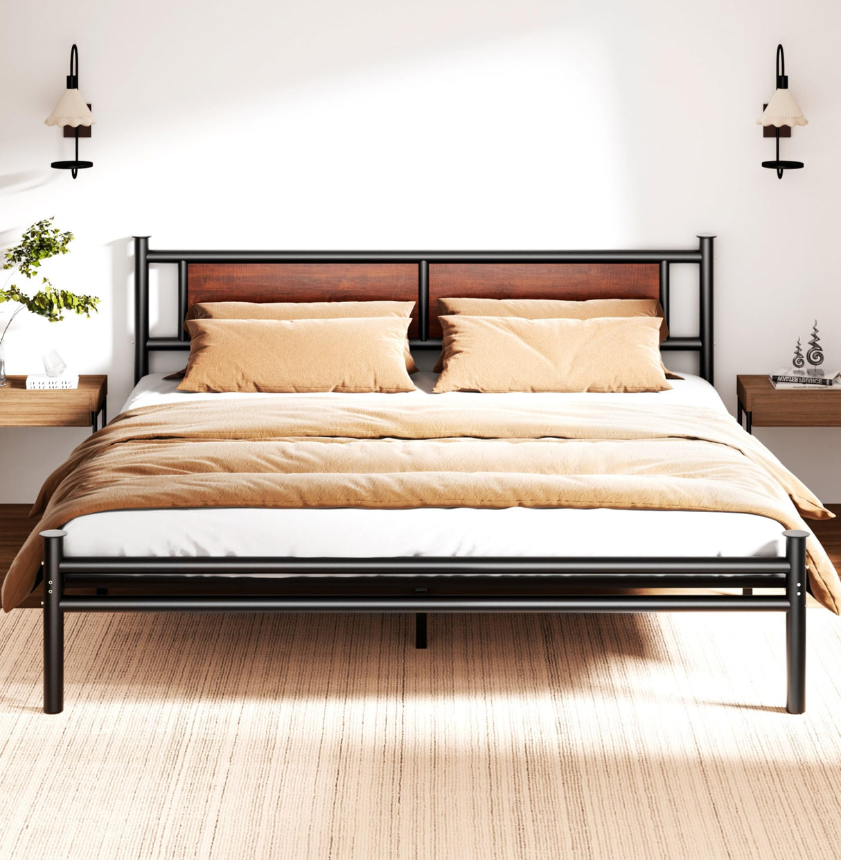 King Size Bed Frame with Wooden Headboard, Heavy Duty Platform Bed