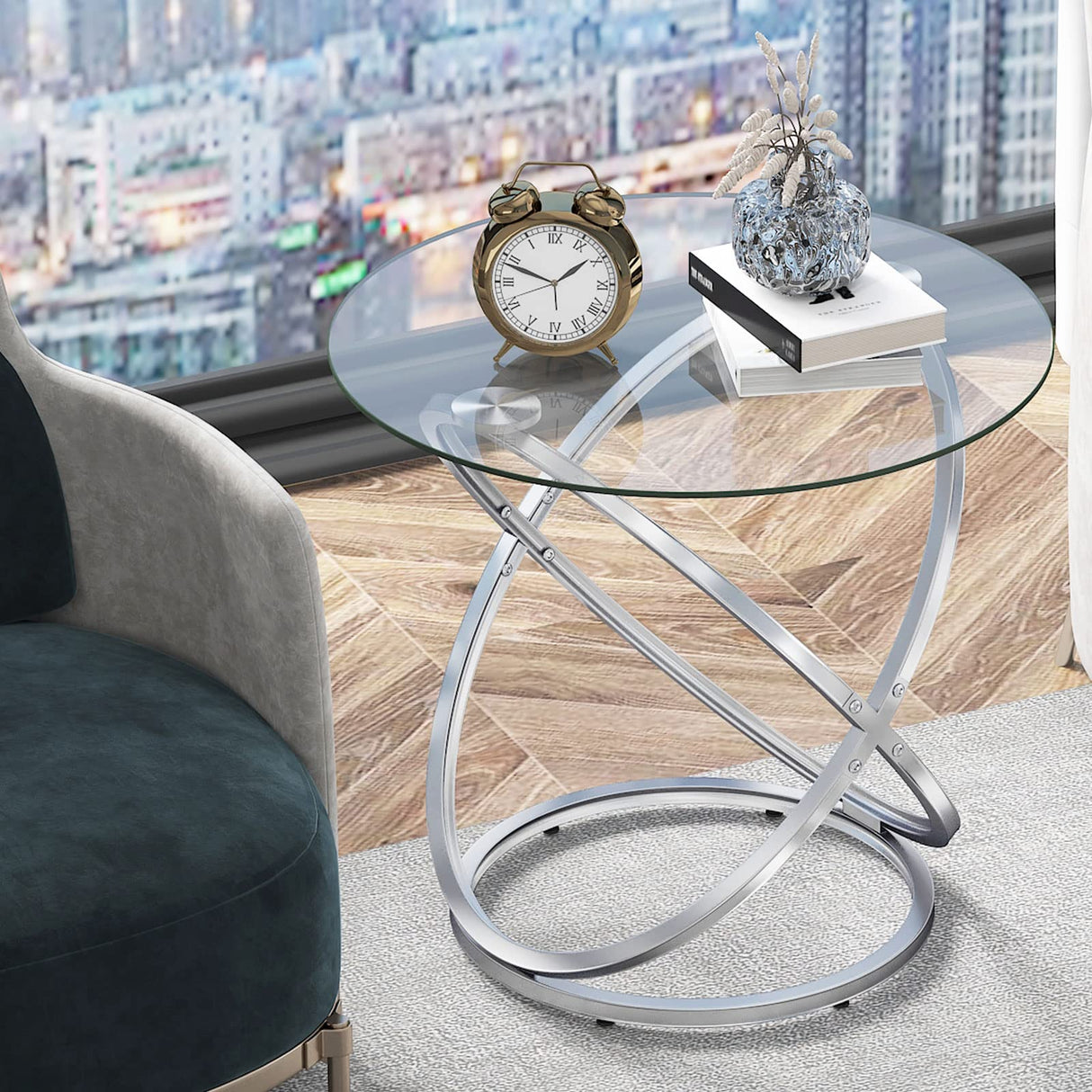Glass Round End Table, Modern Contemporary Side Table for Small Space