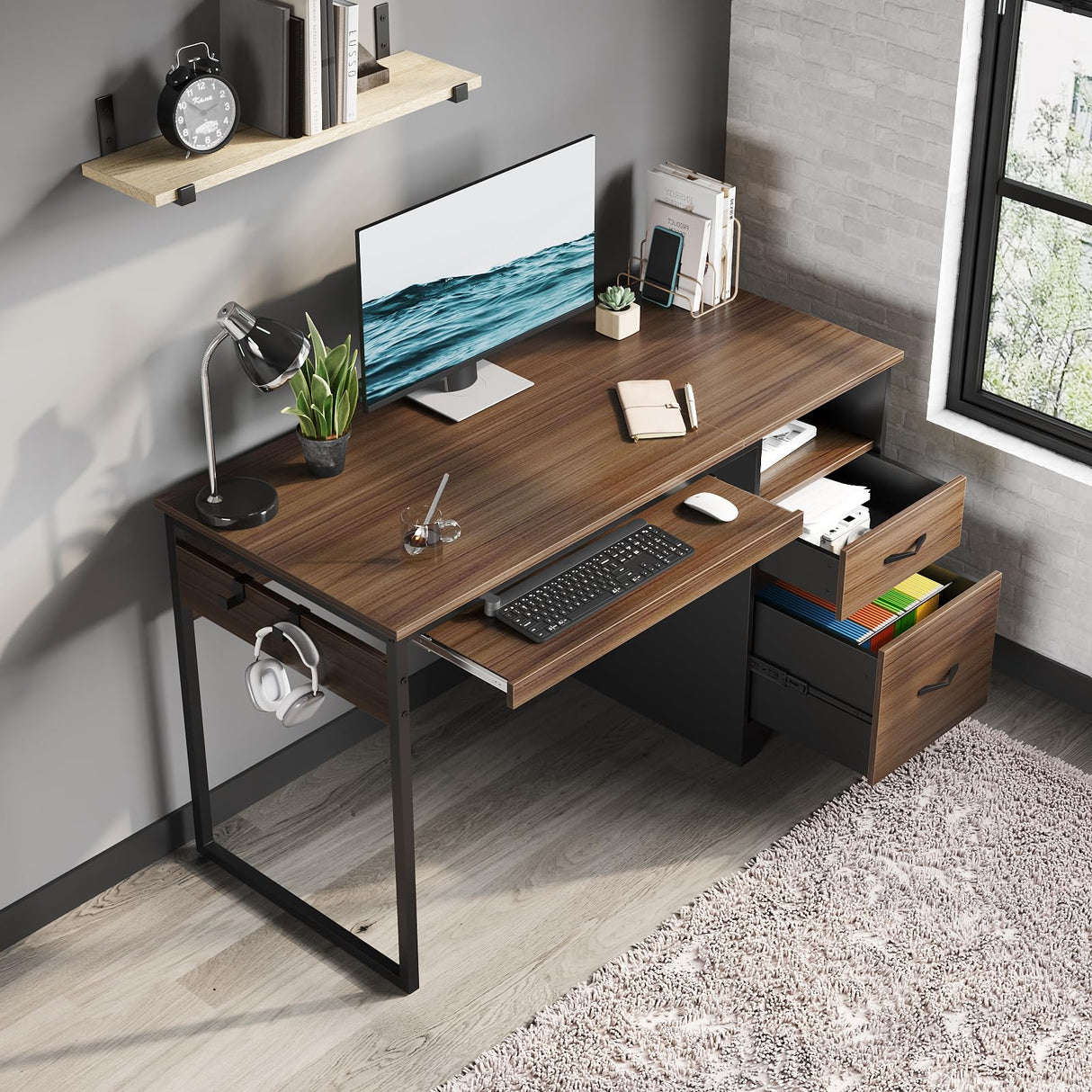 Computer Desk with Drawers, Office Desk with Storage, Industrial Wood Writing Desk