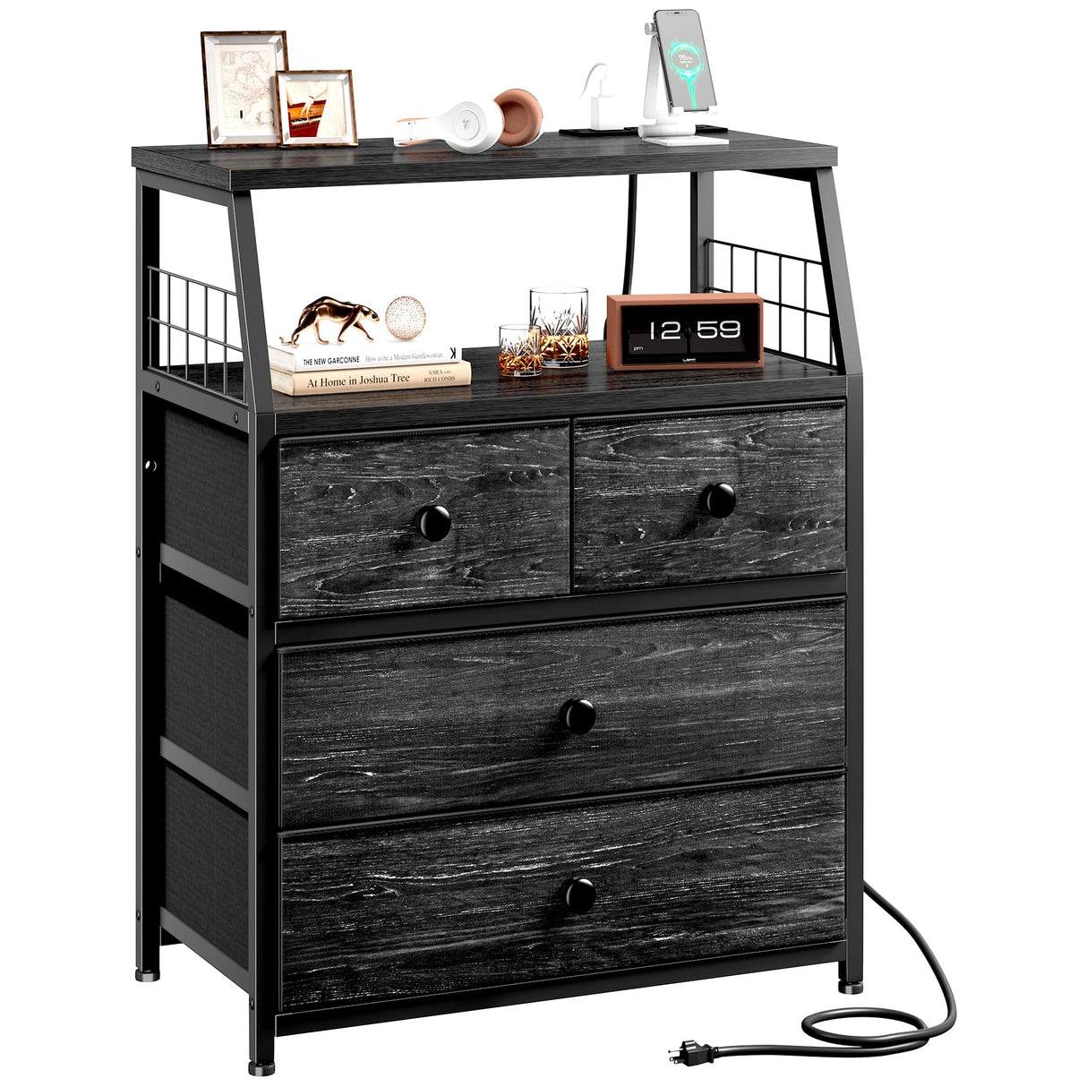 22" Wide Nightstand with Charging Station and LED Lights Black Nightstand Modern Night