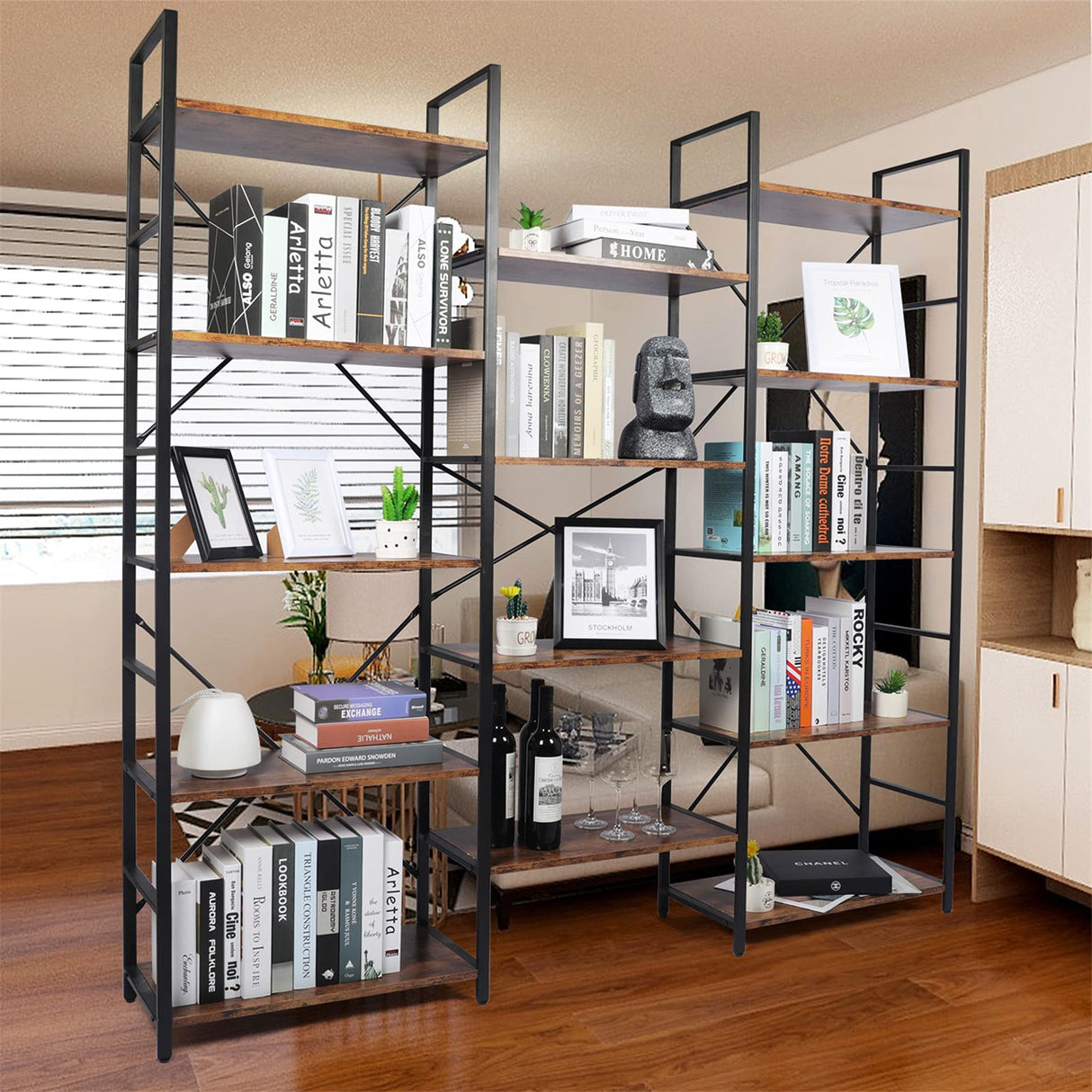 5-Tier Large Bookcase, Triple Wide Bookshelf Storage Organizer with Sturdy Metal Frame