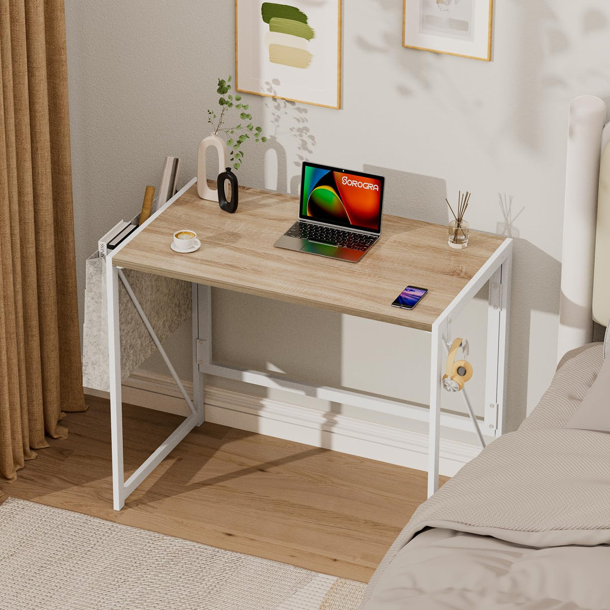 Small Folding Desk, 31.5 Inch Spaces Saving Foldable Table with Storage Pocket