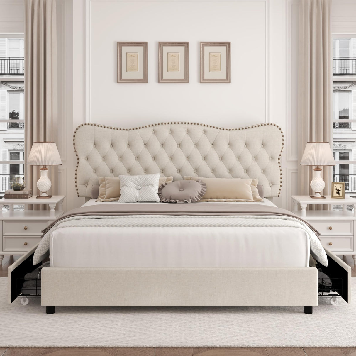 Queen Bed Frame with 4 Storage Drawers, Upholstered Platform Frame