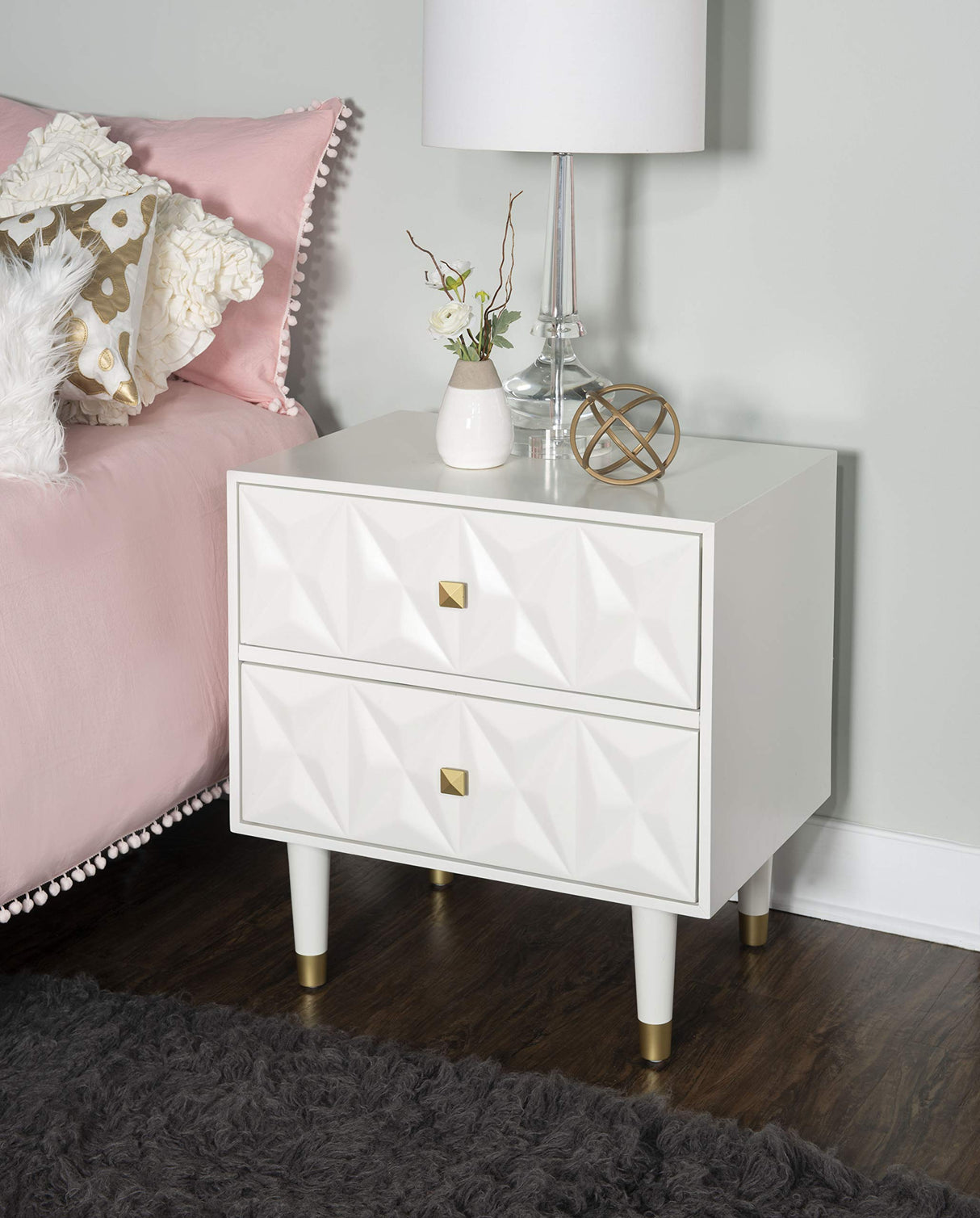 Sheerah Two Drawer Geo Texture White Nightstand