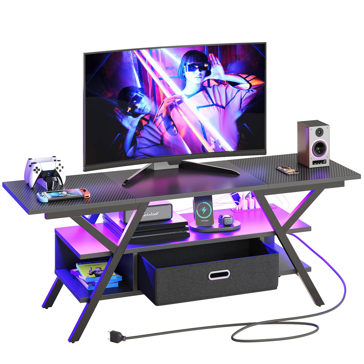 LED Entertainment Center with Power Outlets Gaming TV Stand for TV up to 65 Inch 55”