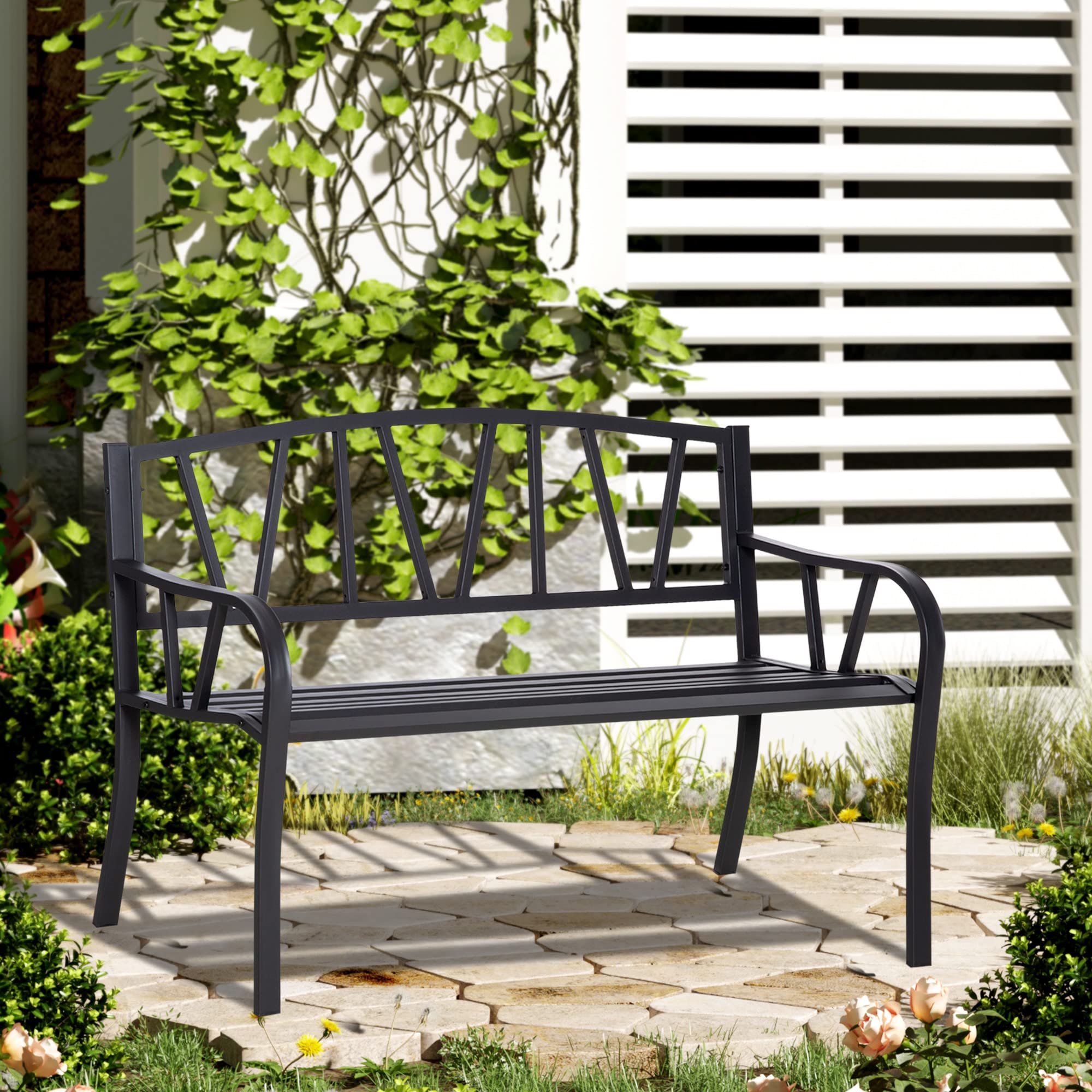 50" Outdoor Bench, Metal Garden Bench with V-Shaped Pattern Backrest, Porch Bench