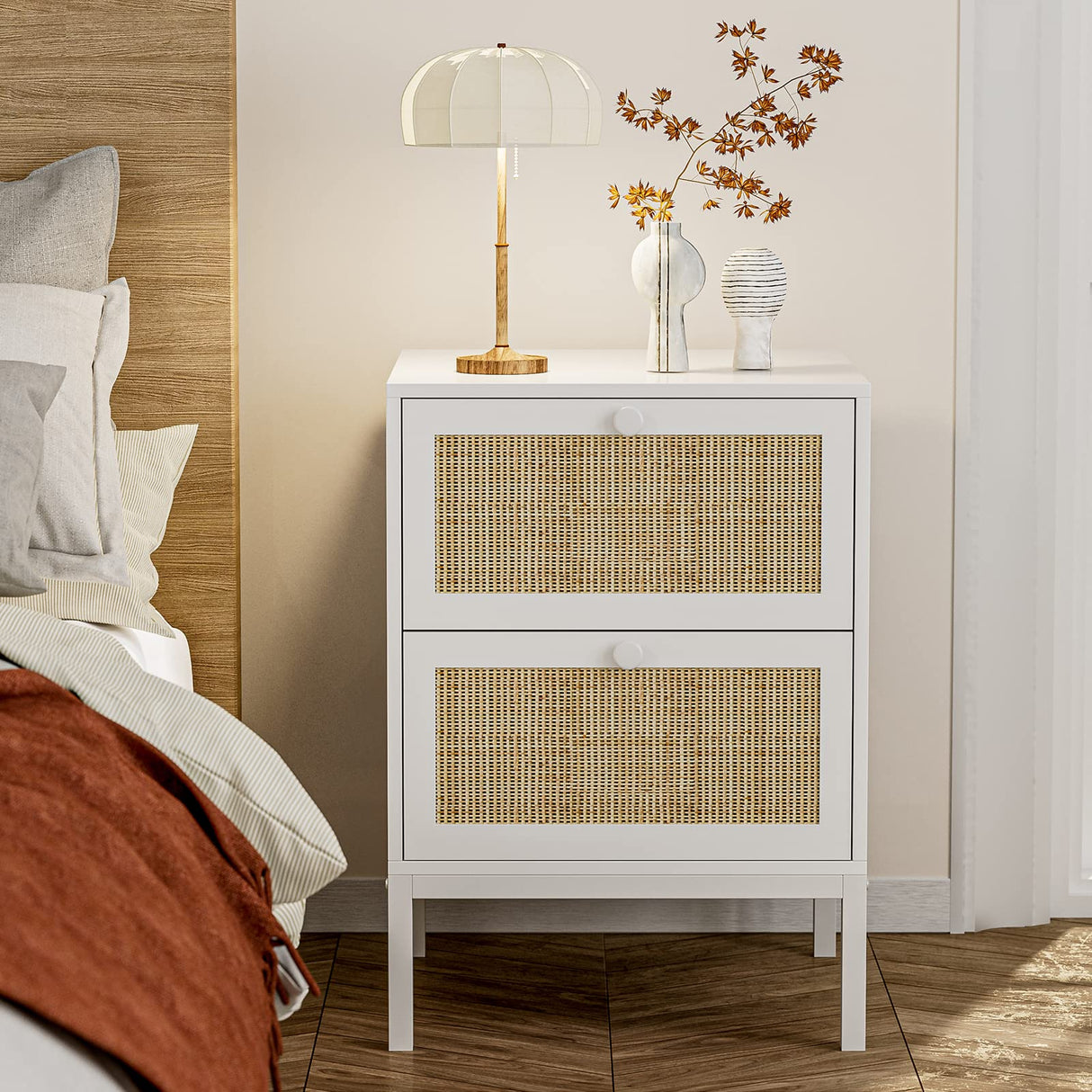 Rattan Nightstand Set of 2, Farmhouse Boho End Side Table with 2 Handmade Rattan Drawers,