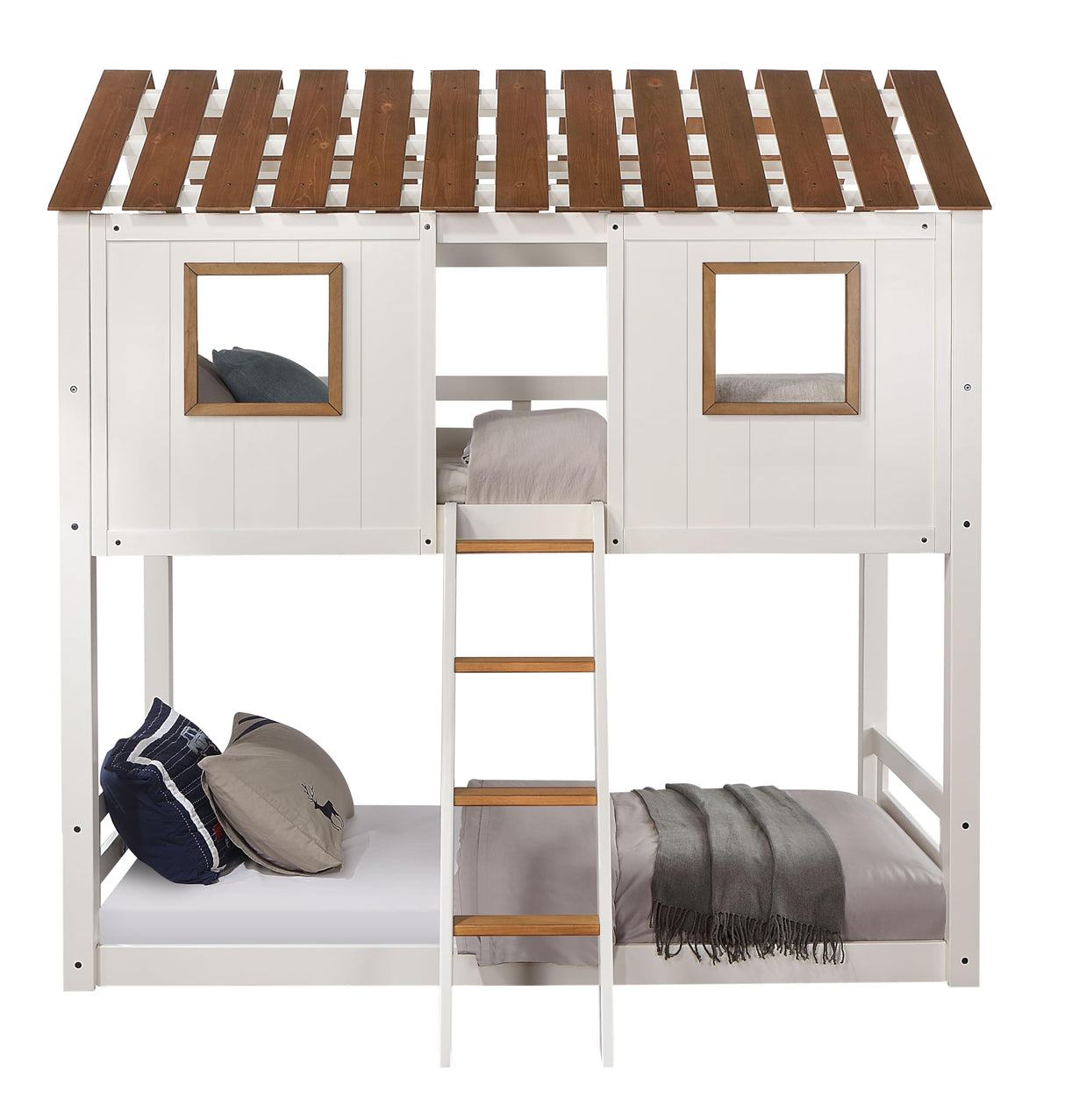 Inara Twin Over Twin Bunk Bed in White and Rustic Oak