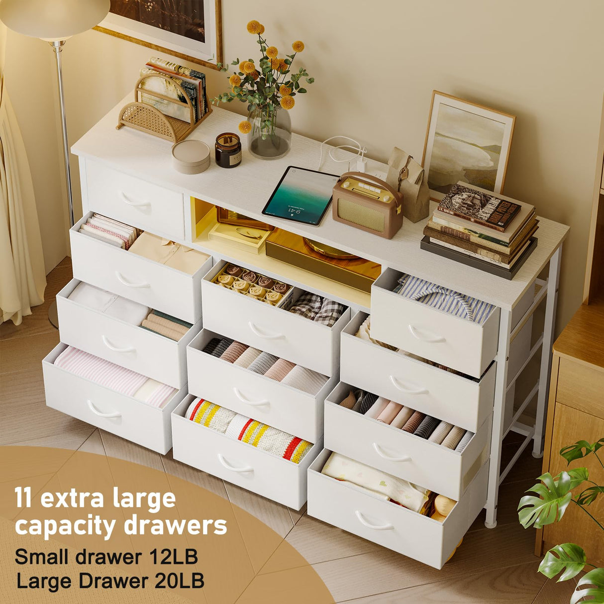 YGEOMER Long Dresser for Bedroom 65inch TV Stand with Charging Station and LED Lights, White Dresser with 11 Drawers, Fabric Chest of Drawers with PU Finish for Bedroom, Entryway