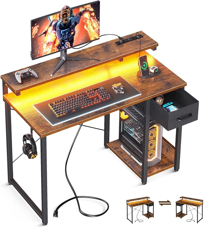 Gaming Desk with LED Lights & Power Outlet, 40 Inch Computer Desk with Drawer
