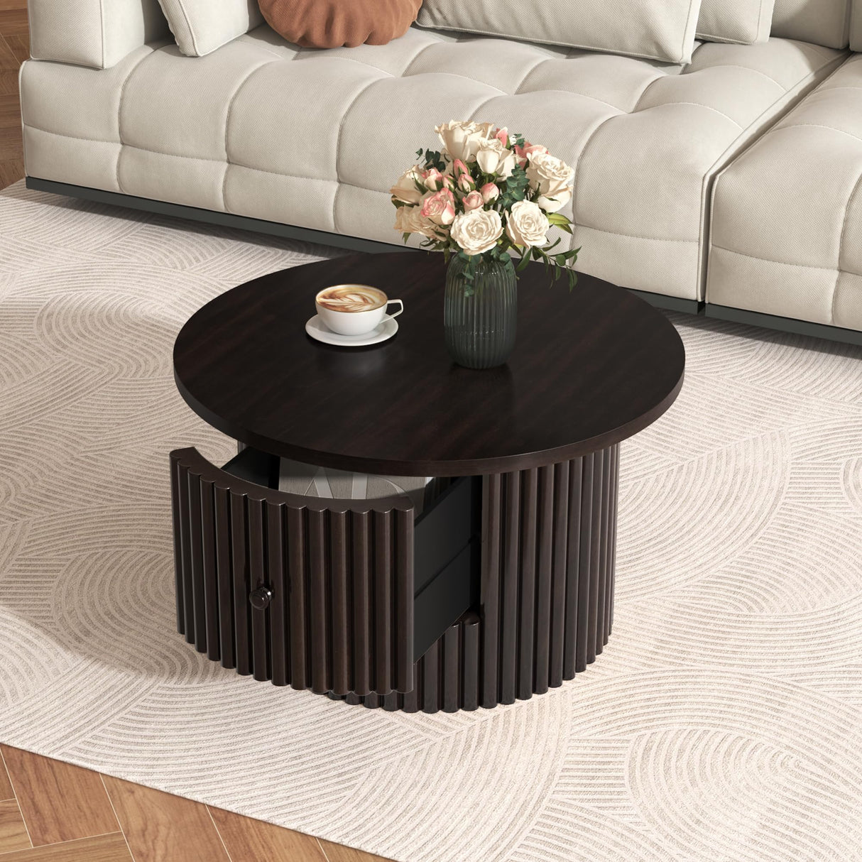 Modern Round Small Coffee Table with 3 Drawers, Farmhouse Wood Center Table