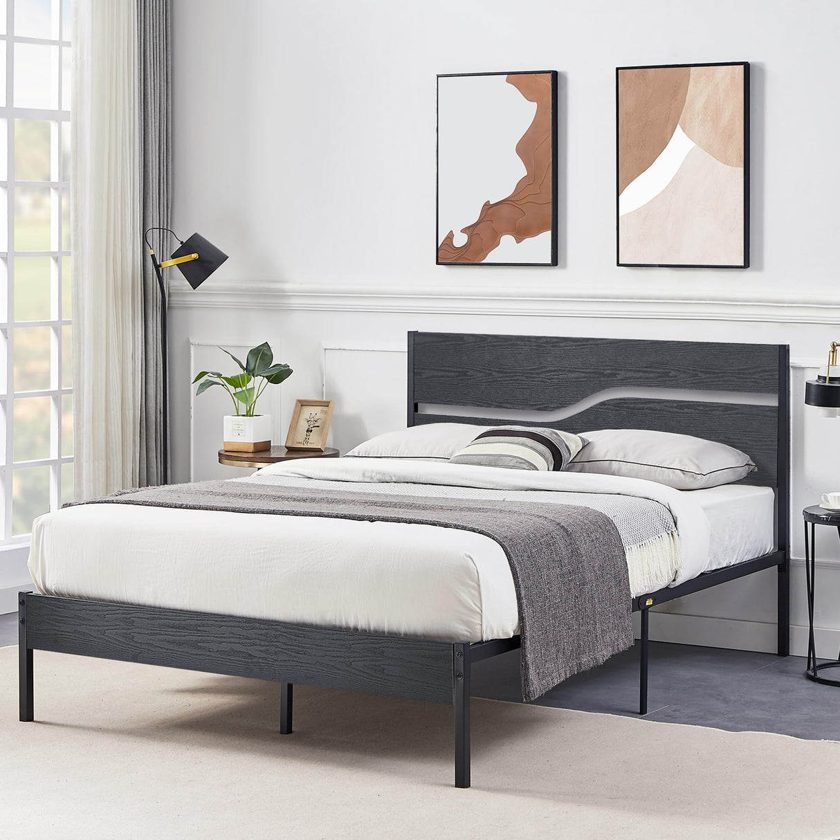 Full Size Platform Bed Frame with Wood Headboard, Strong Metal Slats Support Mattress