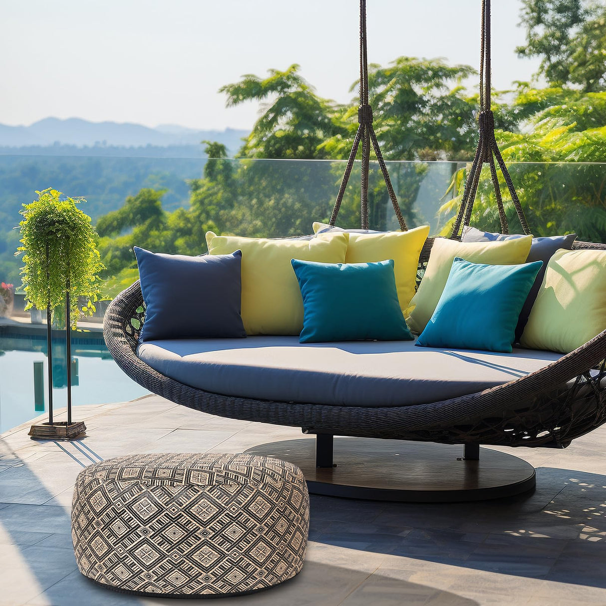 Woven Inflatable Ottoman D21”x H10” Outdoor Indoor Pouf Patio Footrest Stool