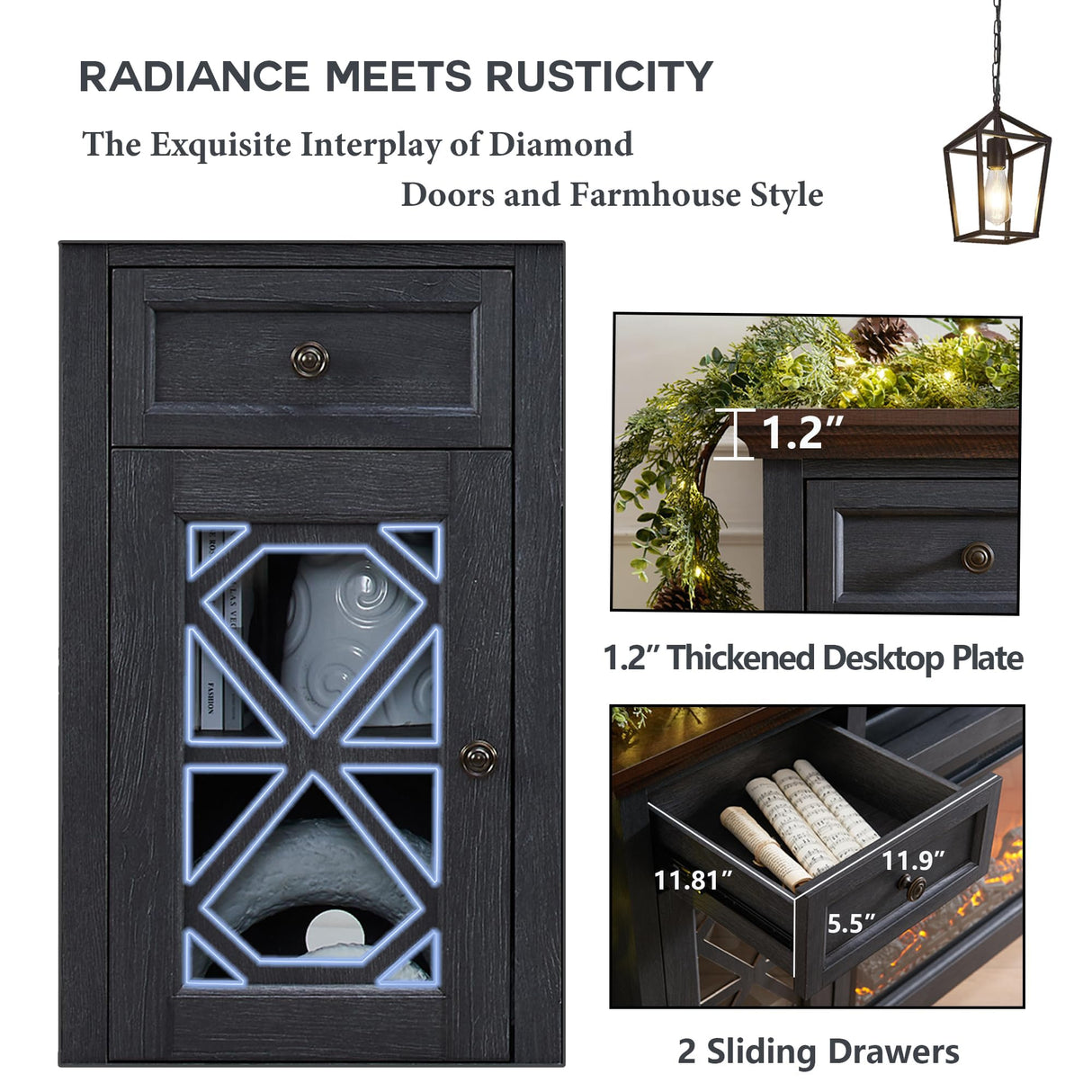 Farmhouse Fireplace TV Stand with 36" Electric Fireplace for 80 Inch TVs, 31" Tall