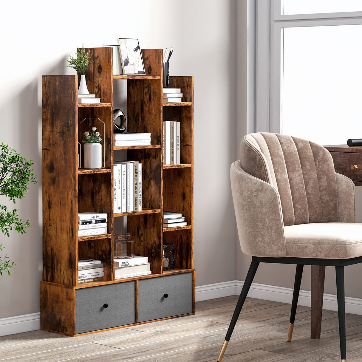 9-Cube Bookcase with 2 Drawers - Industrial Freestanding Open
