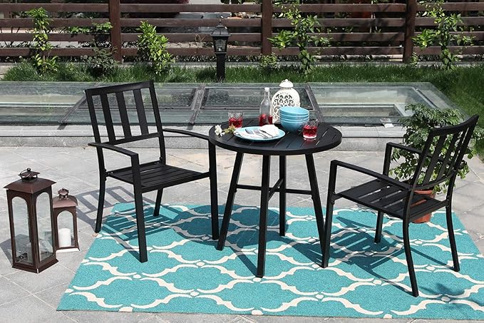 3 Piece Patio Metal Dining Arm Chairs and Umbrella Table Bistro Furniture Set