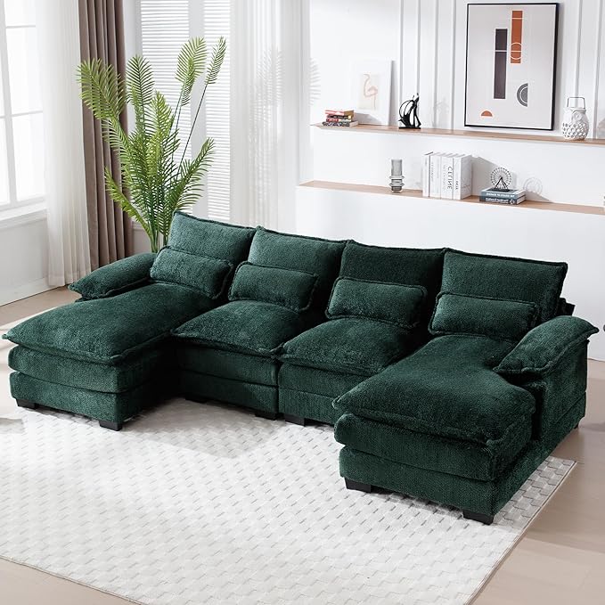 CloudNest 110" U-Shaped Chenille Sectional Sofa – Soft Plush Couch with Pillows