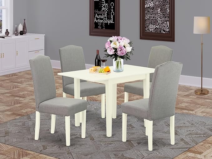 5 Piece Dining Set Includes a Rectangle Dining Room Table with Dropleaf and 4 Linen Fabric