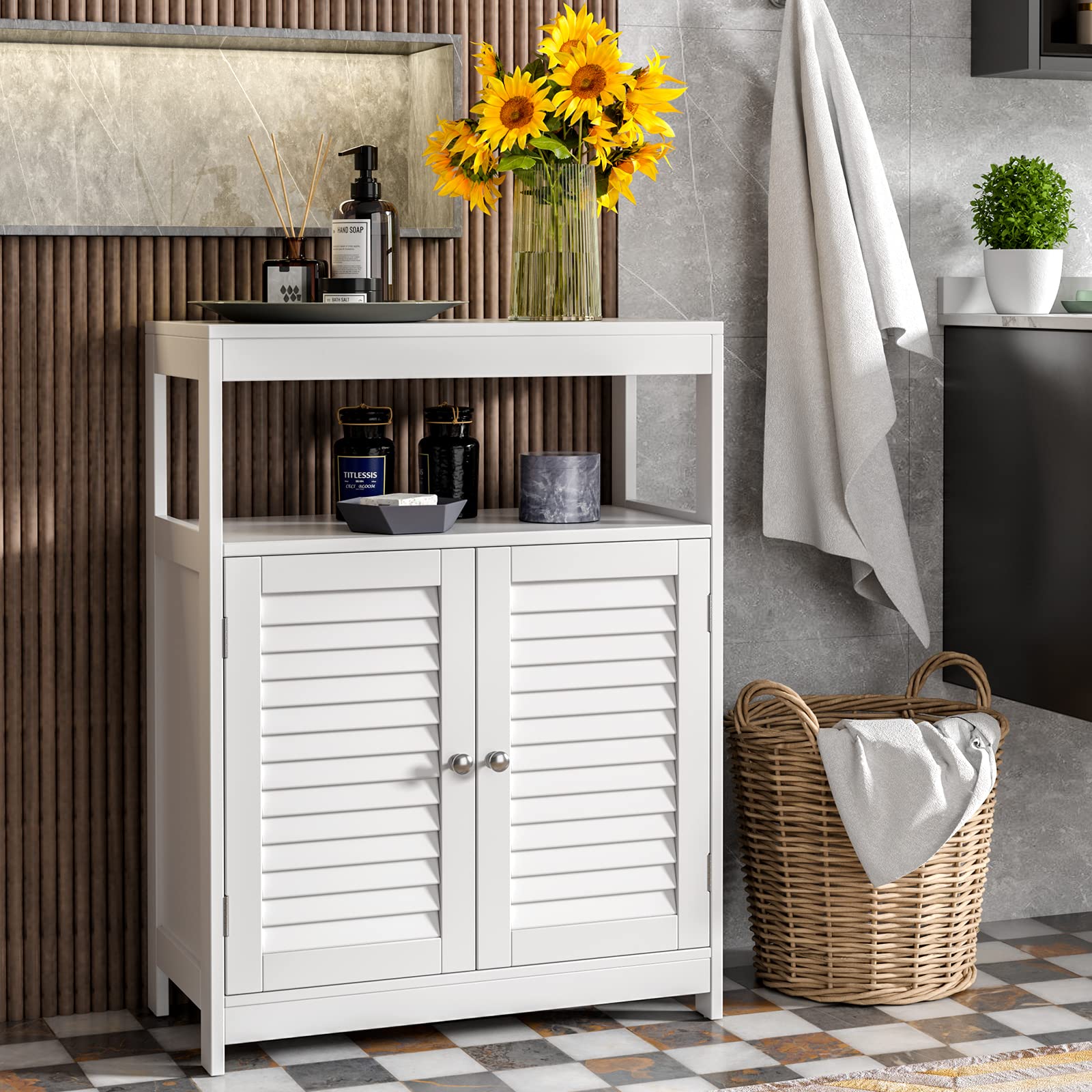 Bathroom Storage Cabinet, Freestanding Floor Cabinet w/Double Shutter Doors