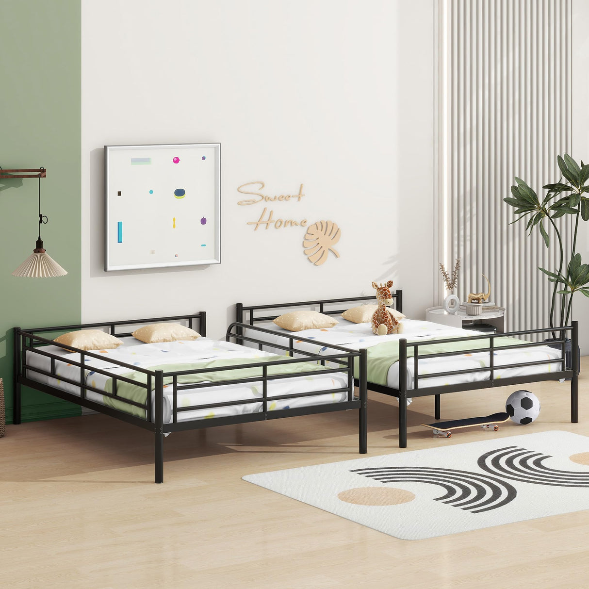 Beds with Ladder and high Guardrail, Convertible Bed Frame, Heavy Duty Metal Slat Full