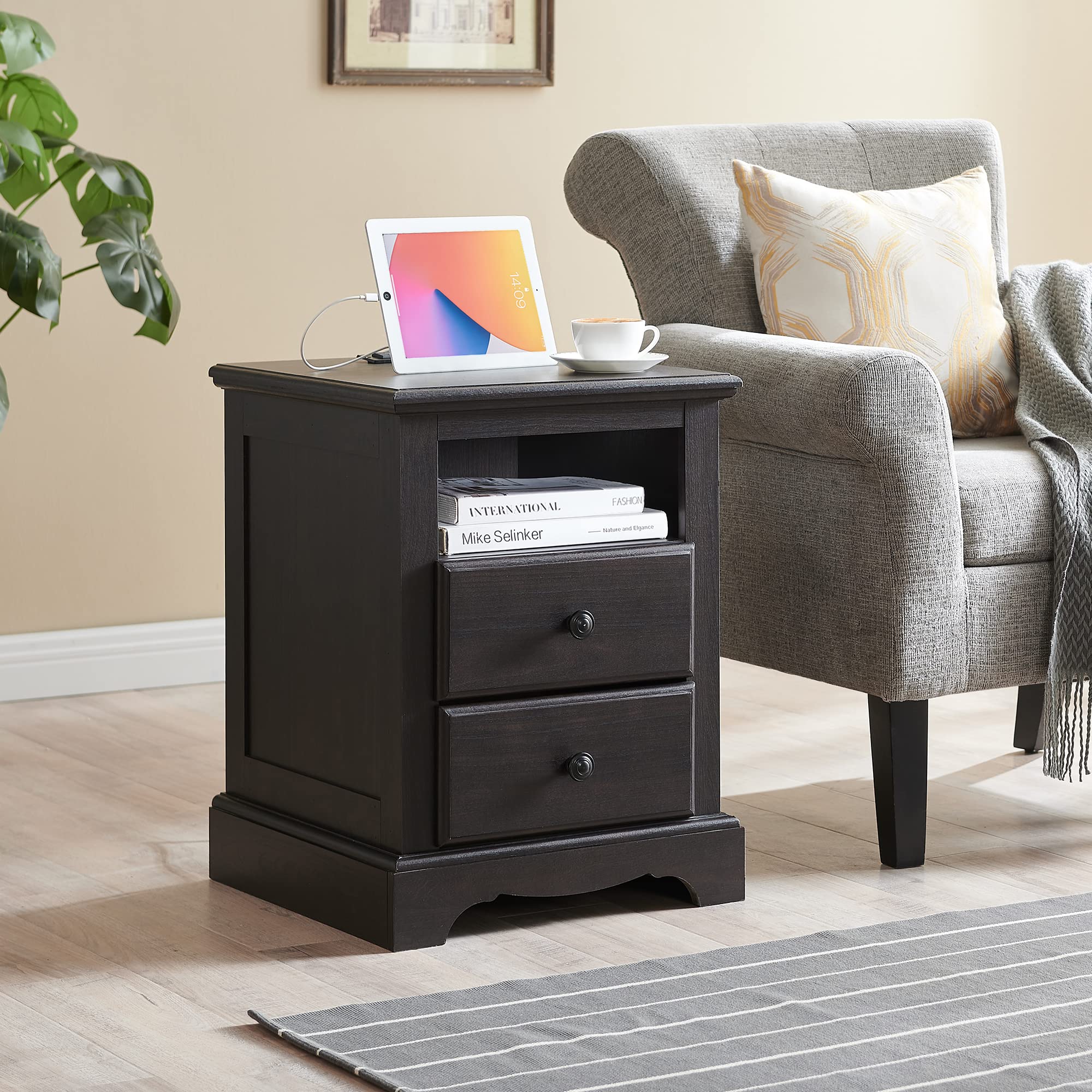Nightstand with Charging Station, 18 Inch Vintage End Table