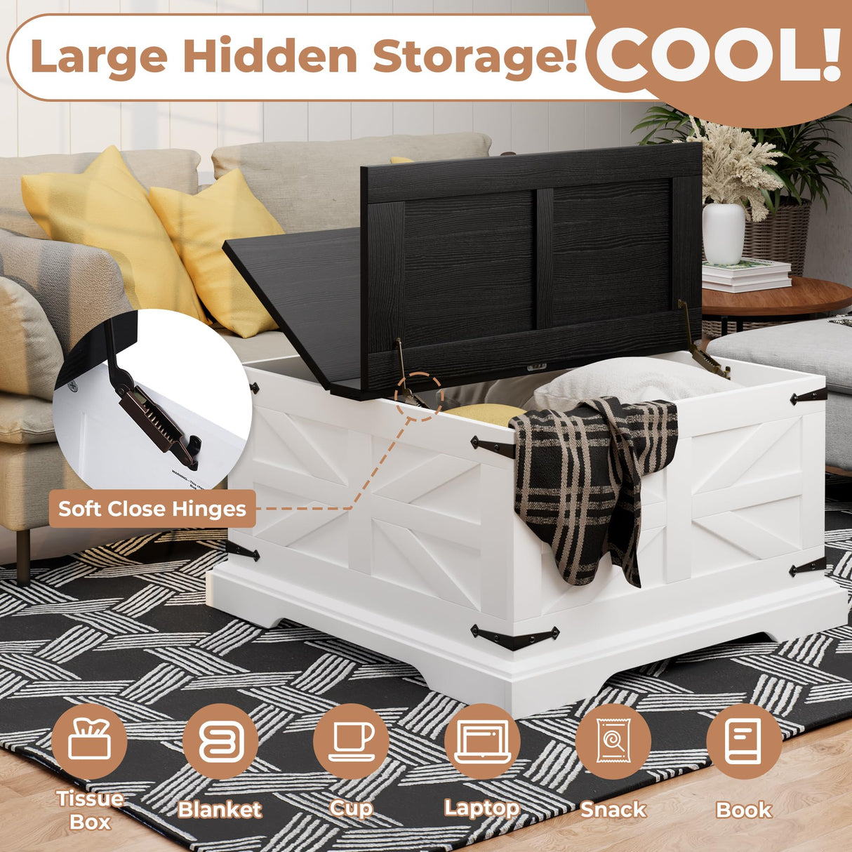 Farmhouse Coffee Table with Storage, Square Center Table for Living Room, Rustic