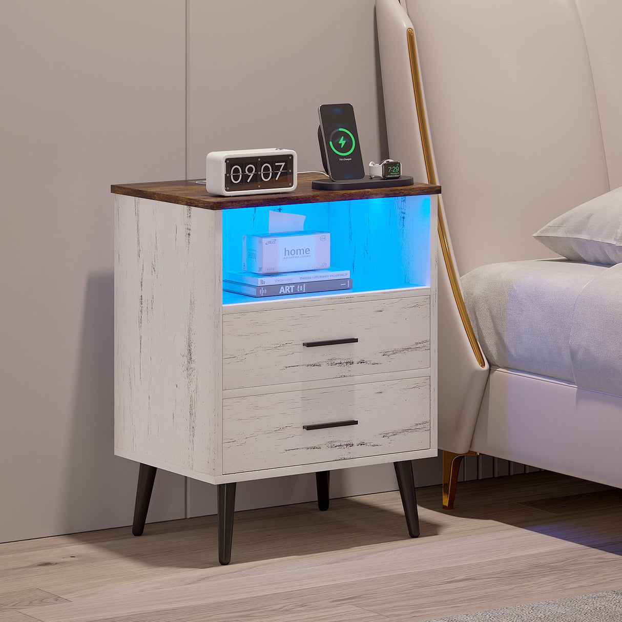 LED Night Stand with Charging Station, 3 Colors Dimmable Lights, Bedroom Modern