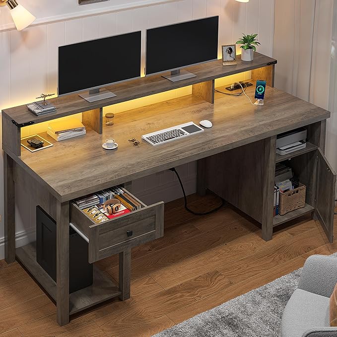55" Computer Desk with Drawers Farmhouse Desk with Long Monitor Stand Reversible